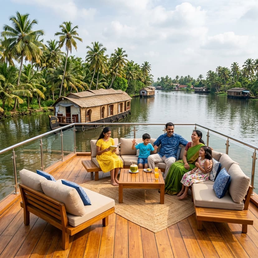 Spacious sundeck of a family cruise houseboat with luxury lounge seats
